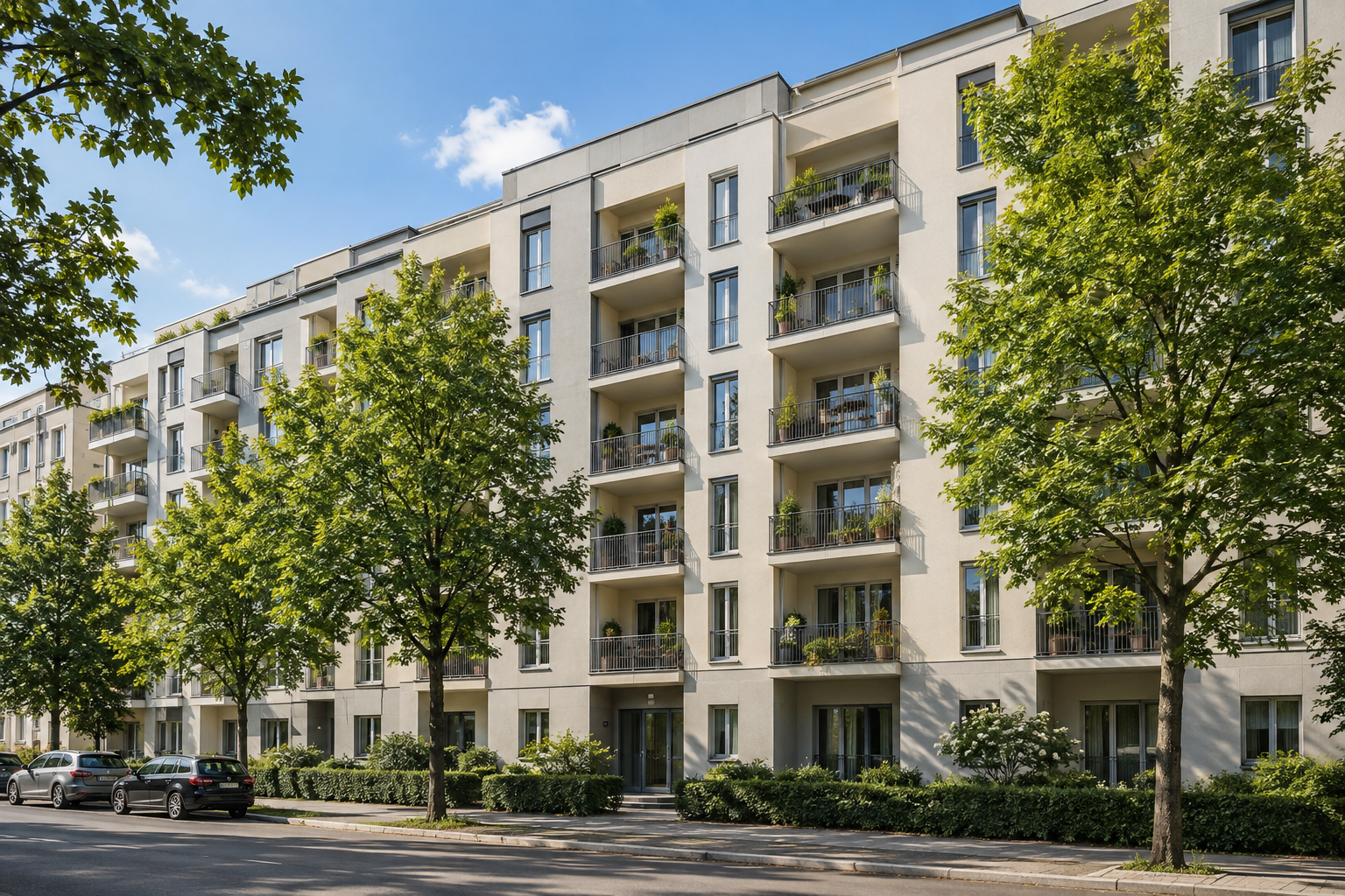 Mehrfamilienhaus mit einer Reihe von Balkonen