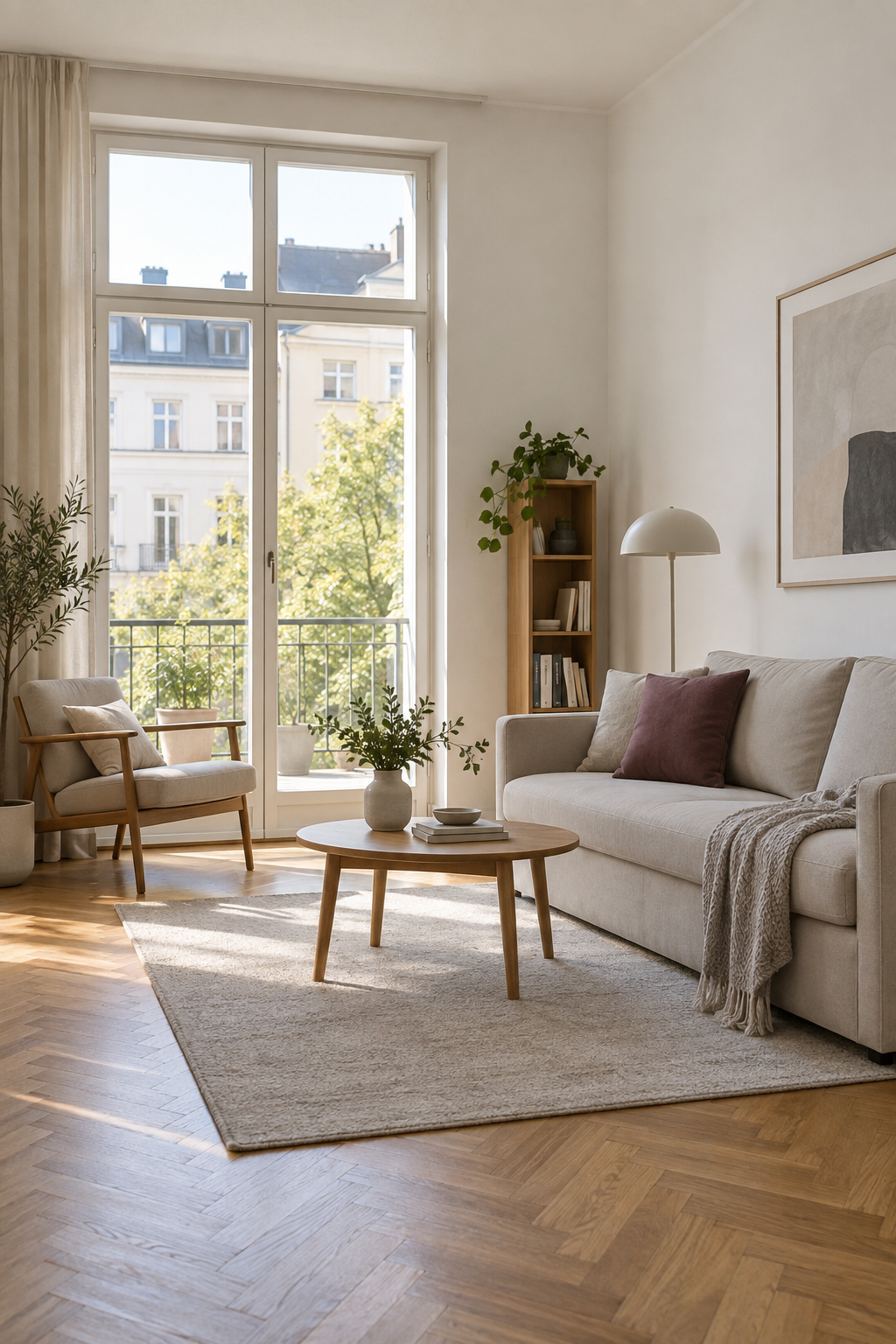 Modernes Wohnzimmer mit Sofa, Sessel und großem Fenster
